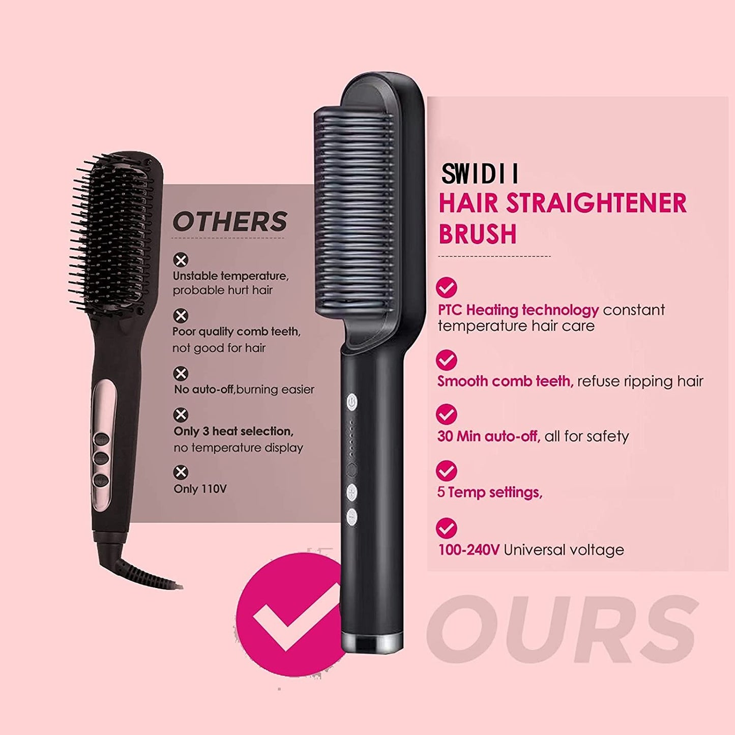 Hair Straightener Iron Brush Straight Hair Comb 2-in-1